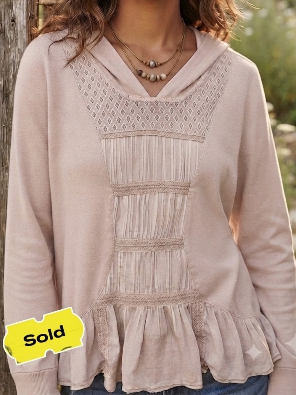 Anthropologie by Eloise Blush Lace-Trim Peplum Hoodie. Romantic Boho Cottagecore